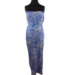 Lavender Brown Talia Blue Long Dress Paisley Strapless Cocktail M Medium NEW